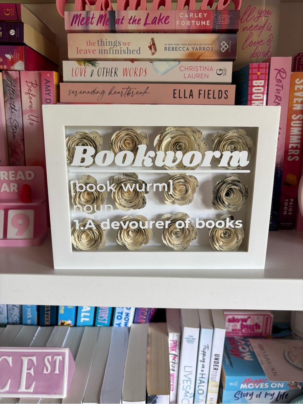 Bookworm Shadow Box Sign with Paper Rose Accents
